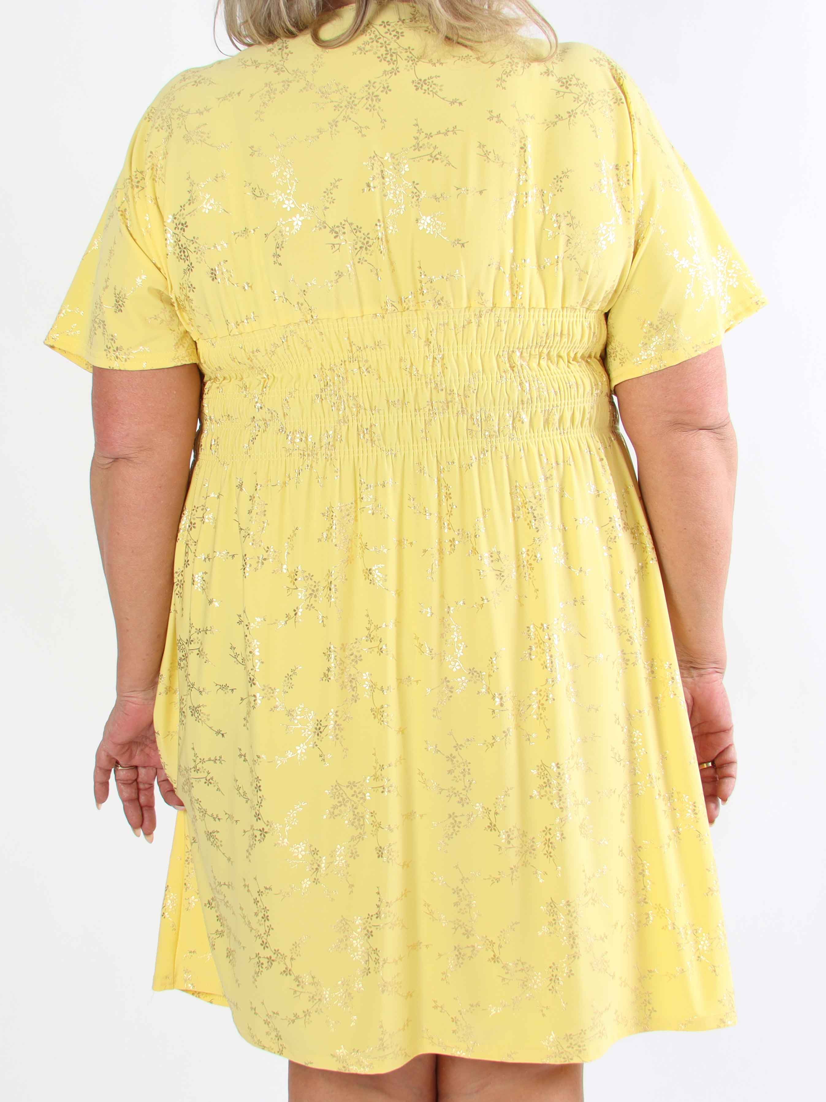 Pams Gold Short - Elastisk plus size kjole detaljeret med guld blomster